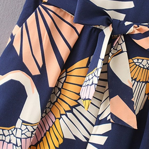 New Cranes Print Belted Wide Leg Jumpsuit Blue - Picture 7 of 10